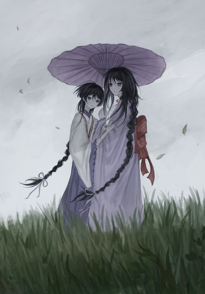 1boy 1girl alternate_costume alternate_hair_length alternate_hairstyle black_hair clenched_hand closed_mouth clothes_grab empty_eyes eyeliner eyeshadow falling_leaves frilled_sleeves frills genshin_impact hair_tie han&#039;eri highres holding holding_umbrella japanese_clothes kariginu kimono layered_kimono leaf long_hair long_sleeves looking_at_viewer looking_to_the_side low-braided_long_hair low-tied_long_hair makeup matching_hairstyle mother_and_son multicolored_hair obi oil-paper_umbrella overcast pale_skin purple_eyes purple_hair purple_kimono purple_sleeves purple_umbrella raiden_shogun red_eyeliner red_eyeshadow sash scaramouche_(genshin_impact) scaramouche_(kabukimono)_(genshin_impact) sidelocks sky sleeve_grab smile streaked_hair string umbrella very_long_hair white_kimono white_sleeves wide_sleeves wispy_bangs yoruli_e
