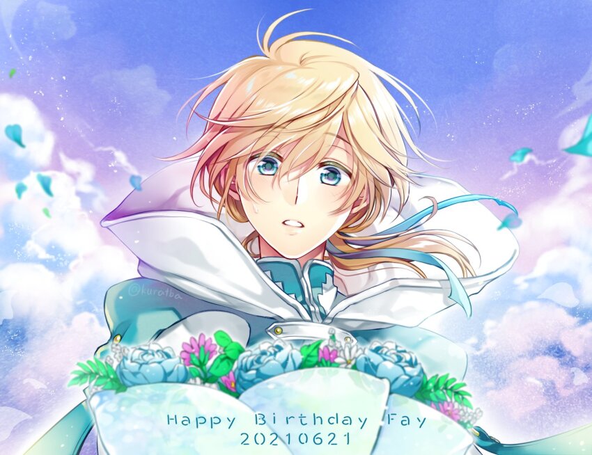 1boy aqua_eyes blonde_hair blue_cloak blue_eyes blue_flower blue_ribbon blue_rose bouquet character_name cloak cloud dated facing_viewer fai_d._flowright falling_petals flower hair_between_eyes hair_ribbon happy_birthday hood hood_down hooded_cloak kurabayashi light_blush looking_at_object low_ponytail male_focus medium_hair parted_lips petals pink_flower ponytail pov purple_sky ribbon rose sky solo surprised sweatdrop tsubasa_chronicle upper_body white_flower