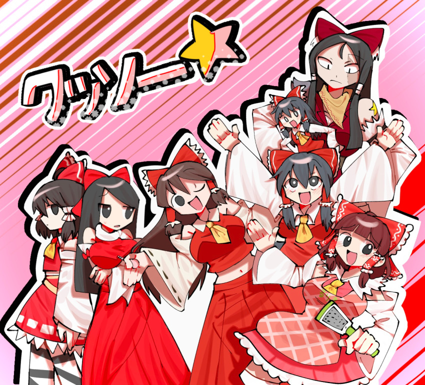 6+girls apron arms_under_breasts ascot black_eyes black_hair blunt_bangs bow breasts bright_pupils brown_hair character_name closed_mouth clothes_writing commentary_request cookie_(touhou) cowboy_shot detached_sleeves empty_eyes expressionless flat_chest frilled_bow frilled_hair_tubes frills hair_bow hair_tubes hakurei_reimu hand_grater haruka_(cookie) hitsuji_tamura holding_grater hotaruda_(cookie) large_breasts leaning_to_the_side long_hair looking_at_viewer midriff mini_person minigirl multiple_girls navel necktie noel_(cookie) one_eye_closed open_mouth pink_apron pink_background red_bow red_shirt red_skirt ribbon-trimmed_sleeves ribbon_trim rurima_(cookie) scar scar_across_eye scar_on_face scarf shinonome_(cookie) shiromiya_rei shirt sidelocks skirt skirt_set sleeveless sleeveless_shirt smile star_(symbol) swept_bangs touhou white_pupils white_scarf white_sleeves yellow_ascot yellow_necktie yuki_haruka