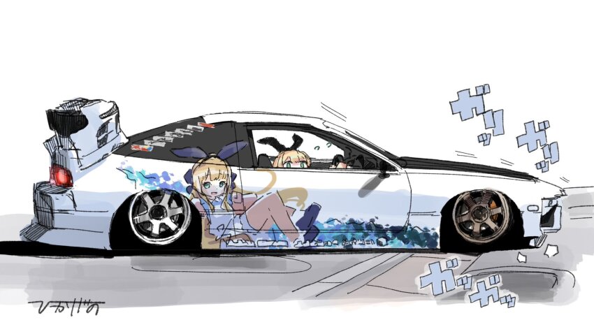 1girl black_ribbon blonde_hair blue_eyes car driving hair_ribbon highres hikageno itasha mononobe_alice mononobe_alice_(1st_costume) motor_vehicle nijisanji nissan nissan_180sx ribbon shadow solo sound_effects spoiler_(automobile) sports_car vehicle_focus virtual_youtuber white_car