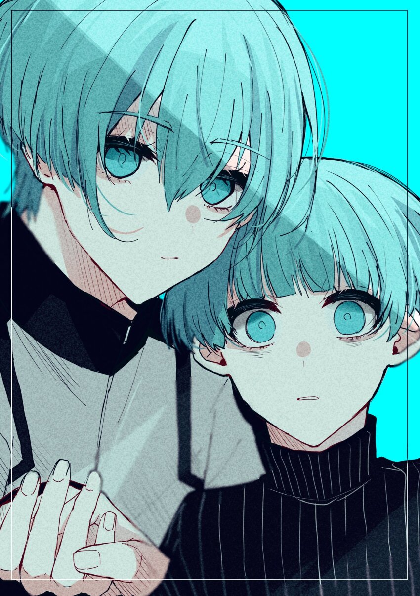 2boys age_comparison bags_under_eyes black_sweater blue_background blue_eyes blue_hair blue_lock closed_mouth highres holding_hands jacket looking_at_viewer male_focus multiple_boys natsuneco_02 short_hair sweater turtleneck turtleneck_sweater upper_body white_jacket you_hiori