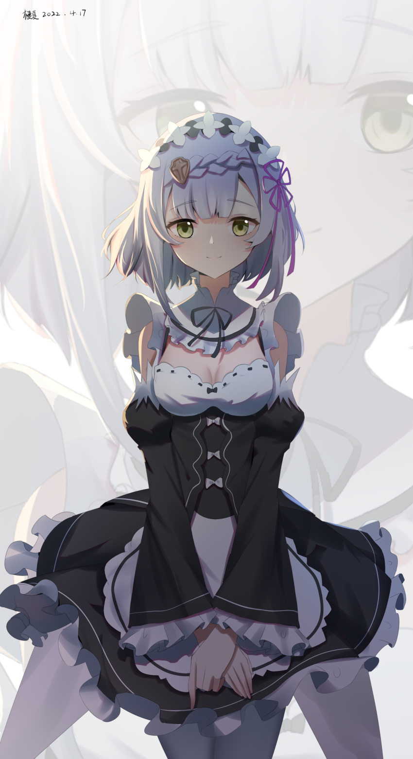 1girl absurdres alternate_costume apron blunt_bangs braid breasts cleavage commentary_request cosplay detached_sleeves eyes_visible_through_hair genshin_impact green_eyes grey_hair hair_ornament highres long_sleeves looking_at_viewer maid maid_apron maid_headdress noelle_(genshin_impact) qixia re:zero_kara_hajimeru_isekai_seikatsu short_hair sidelocks simple_background single_braid smile solo trait_connection v_arms zoom_layer