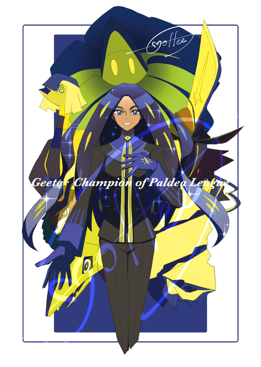 1girl absurdres avalugg black_hair black_pants blue_background blue_eyes blue_gloves blue_shirt border cccacademia character_name commentary_request espathra geeta_(pokemon) gen_6_pokemon glimmora gloves gogoat grin highres jacket kingambit long_hair long_sleeves looking_at_viewer neck_ribbon nintendo pants pokemon pokemon_(creature) pokemon_sv ribbon shirt signature smile sparkle teeth veluza white_border yellow_ribbon