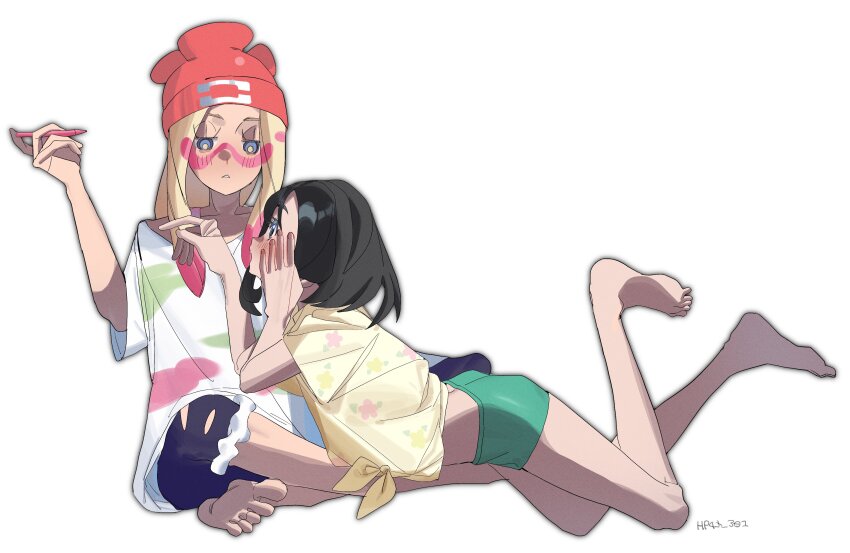 2girls absurdres artist_name black_hair blonde_hair blue_eyes blush bright_pupils crayon eyelashes facepaint green_shorts half-closed_eyes highres holding hp45_301 long_hair lying mina_(pokemon) multicolored_hair multiple_girls nintendo on_stomach open_mouth paint paintbrush pants pokemon pokemon_sm selene_(pokemon) shirt short_hair short_sleeves shorts simple_background tied_shirt white_background white_shirt