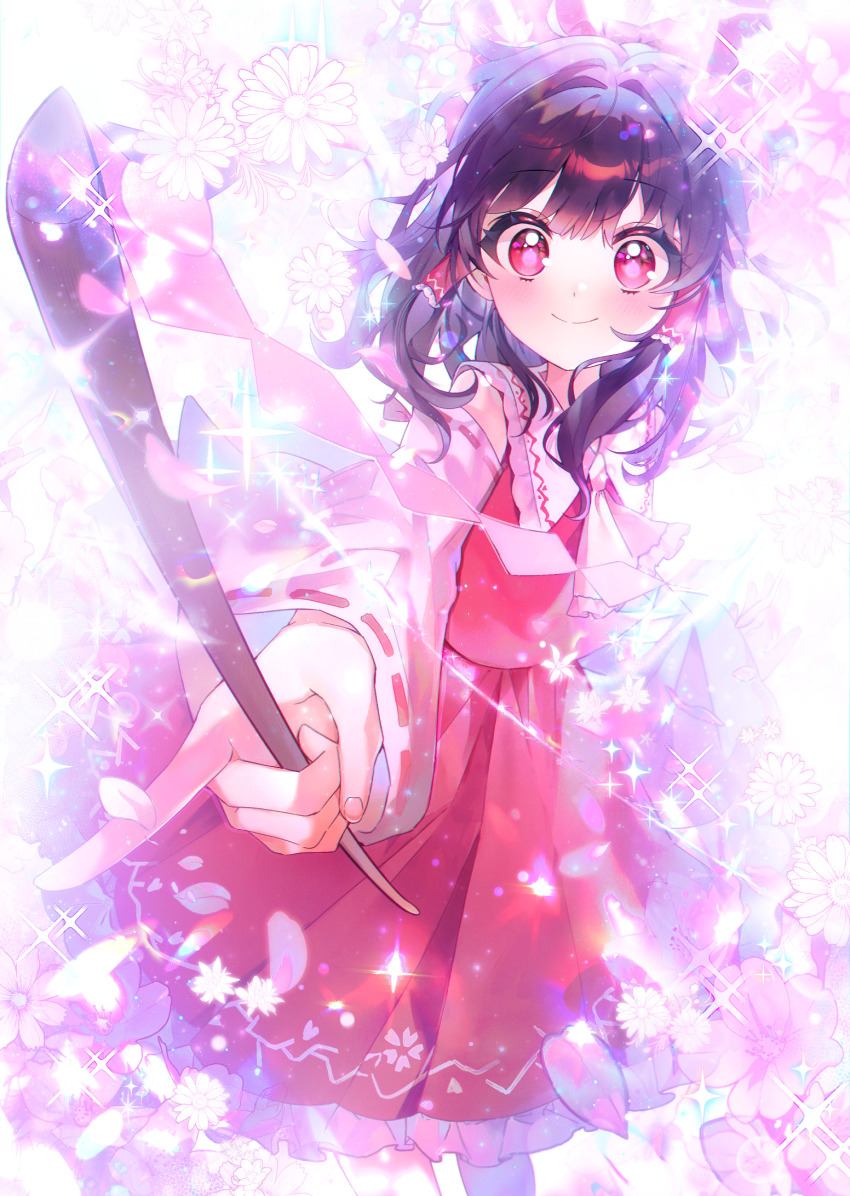 1girl ascot blush bow brown_hair closed_mouth commentary_request detached_sleeves falling_flower falling_petals flower flower_request frilled_bow frilled_hair_tubes frills gohei hair_bow hair_tubes hakurei_reimu highres holding holding_gohei it_po_(sss_cmy) korean_commentary long_hair looking_at_viewer petals pink_flower pink_petals red_bow red_eyes red_skirt ribbon-trimmed_sleeves ribbon_trim skirt skirt_set smile solo sparkle touhou