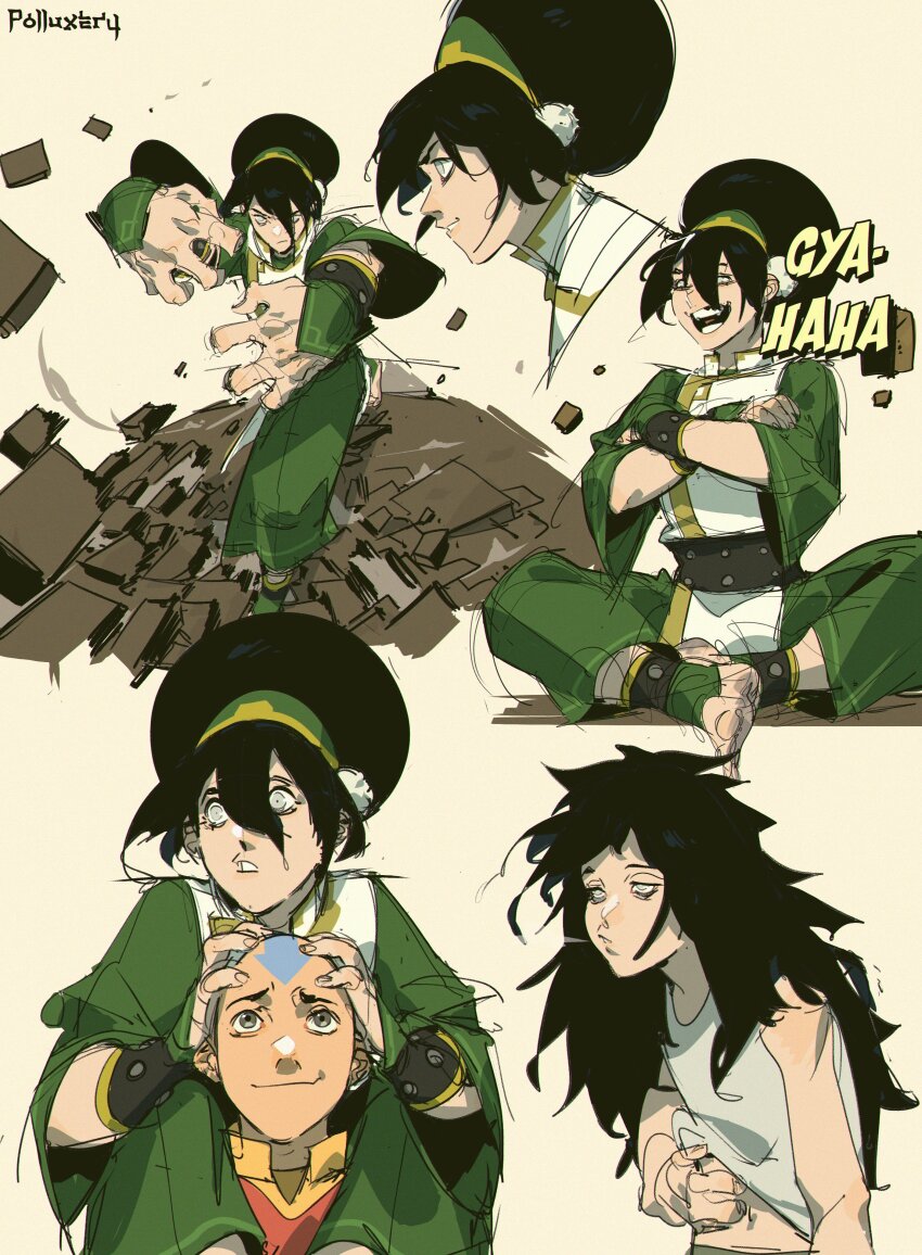 1boy 1girl aang absurdres artist_name avatar:_the_last_airbender avatar_legends bald black_hair blind element_bending floating_rock forehead_tattoo green_hairband hairband head_tattoo highres polluxery rock signature sketch toph_beifong