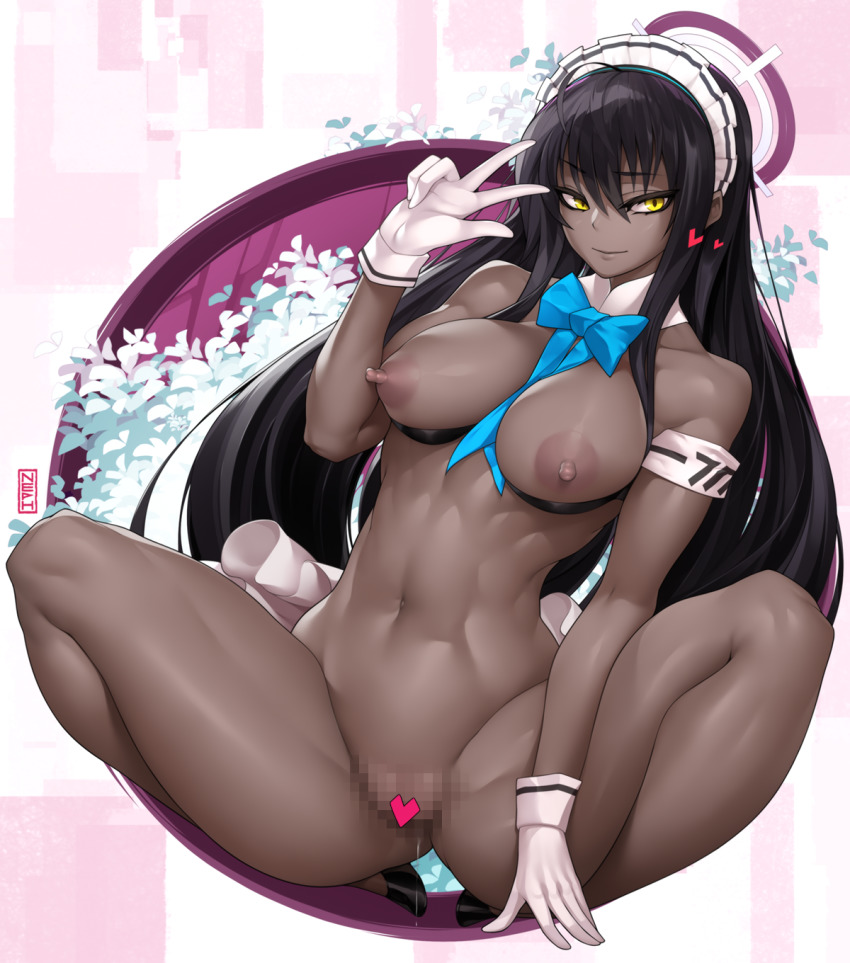 1girl armband artist_name between_breasts black_hair blue_archive bow bowtie breasts censored dark-skinned_female dark_nipples dark_skin detached_collar flats gloves hand_up heart heart_censor highres karin_(blue_archive) long_hair looking_to_the_side maid_headdress medium_breasts mosaic_censoring navel necktie necktie_between_breasts nephlite nipples nude puffy_nipples pussy_juice pussy_juice_trail resolution_mismatch sidelocks smile solo source_smaller spread_legs stomach toned very_long_hair w white_gloves wide_hips yellow_eyes