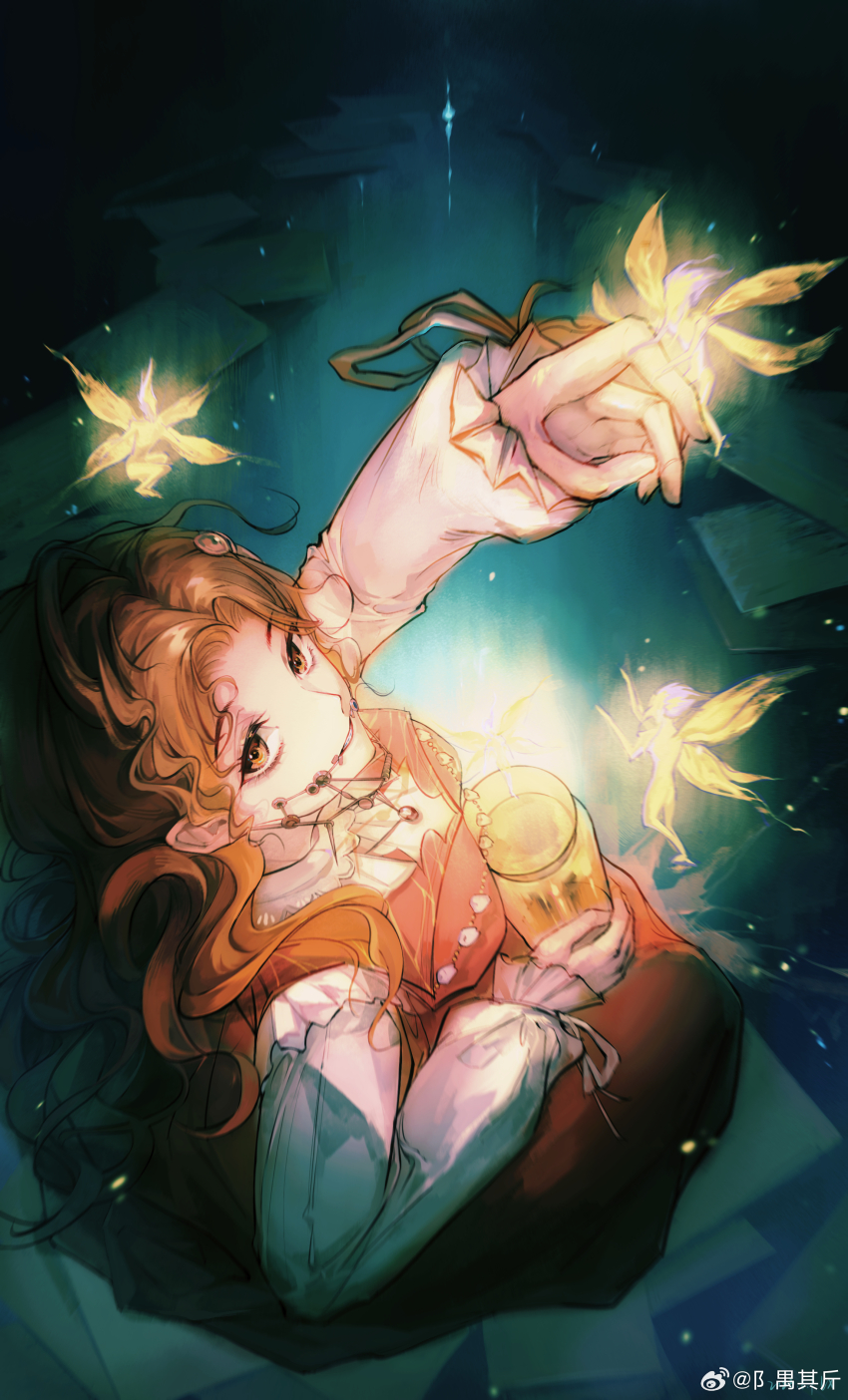 1girl absurdres arm_up braces brown_eyes brown_hair creature_on_hand curly_hair dark_background dress fairy from_above full_body glowing grin hand_up highres holding holding_jar jar jewelry light_particles long_dress long_hair long_sleeves looking_at_viewer looking_up necklace on_ground parted_bangs puffy_long_sleeves puffy_sleeves red_dress reverse:1999 shirt sitting sleeveless sleeveless_dress smile solo teeth tooth_fairy_(reverse:1999) tooth_necklace watermark weibo_watermark white_shirt yusi_(weibo_1746298953)