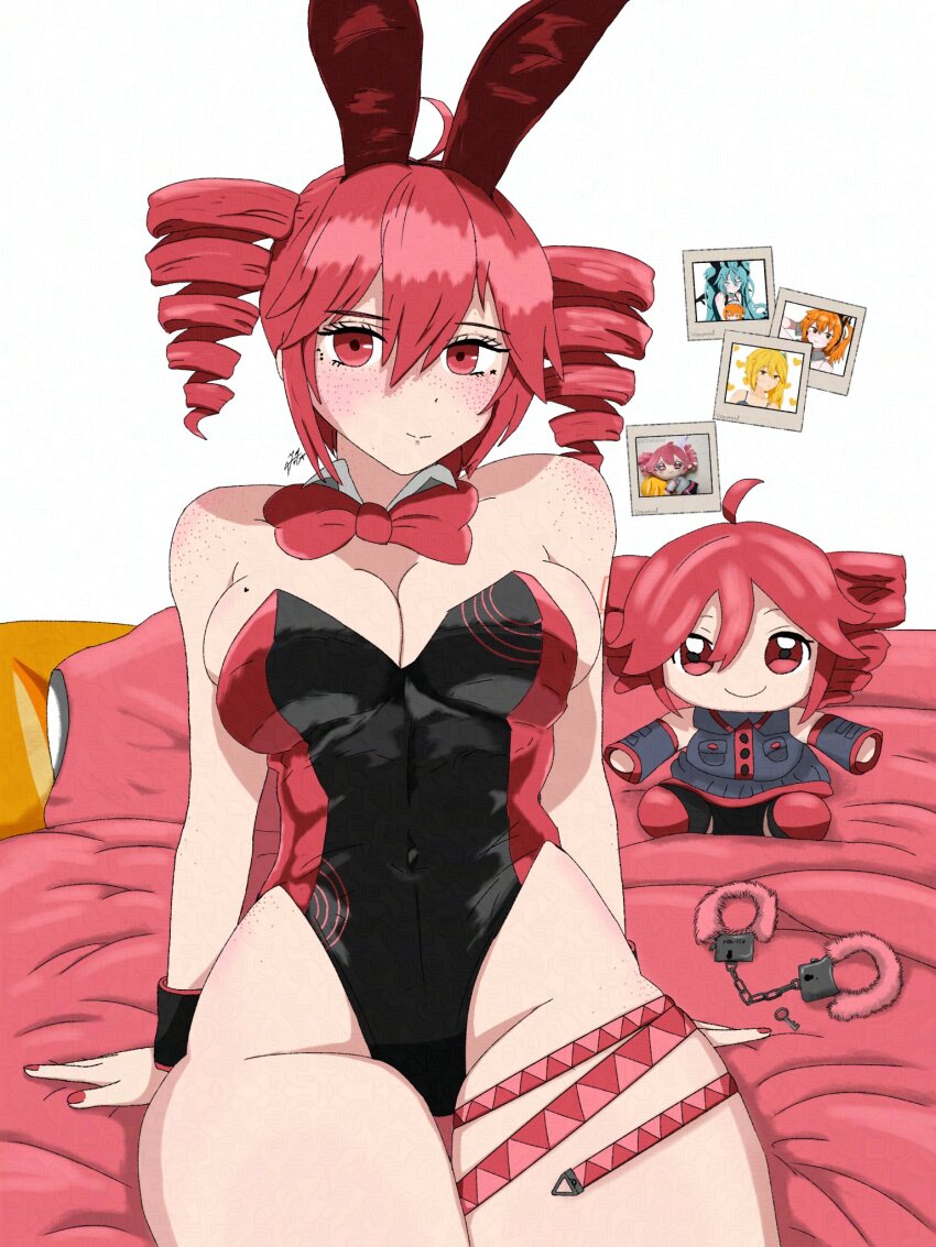 adachi_rei ahoge akita_neru animal_ears artist_request bed black_leotard body_freckles bow bowtie breasts character_doll cleavage covered_navel cuffs detached_collar doll drill_hair fake_animal_ears freckles fuzzy_handcuffs hair_between_eyes hair_tubes handcuffs hatsune_miku kasane_teto large_breasts leotard memphis_media mole mole_on_breast playboy_bunny polaroid_photo rabbit_ears red_bow red_bowtie red_eyes red_hair red_nails short_hair shoulder_freckles sitting skindentation smile thick_thighs thigh_gap thigh_strap thighs twin_drills utau vocaloid white_background wide_hips wrist_cuffs