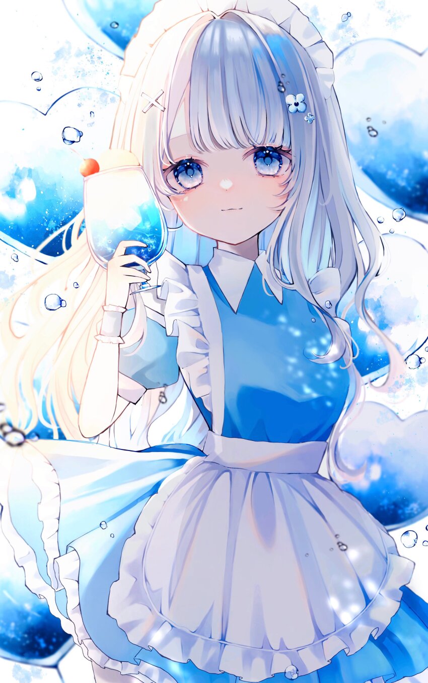 1girl absurdres air_bubble ao_marumaru0720 apron balloon blue_dress blue_eyes bubble cherry cup dress flower food frilled_apron frills fruit hair_flower hair_ornament heart_balloon highres holding holding_cup long_hair looking_at_viewer maid maid_apron maid_headdress original puffy_short_sleeves puffy_sleeves short_sleeves smile solo water_drop white_apron white_hair wrist_cuffs x_hair_ornament