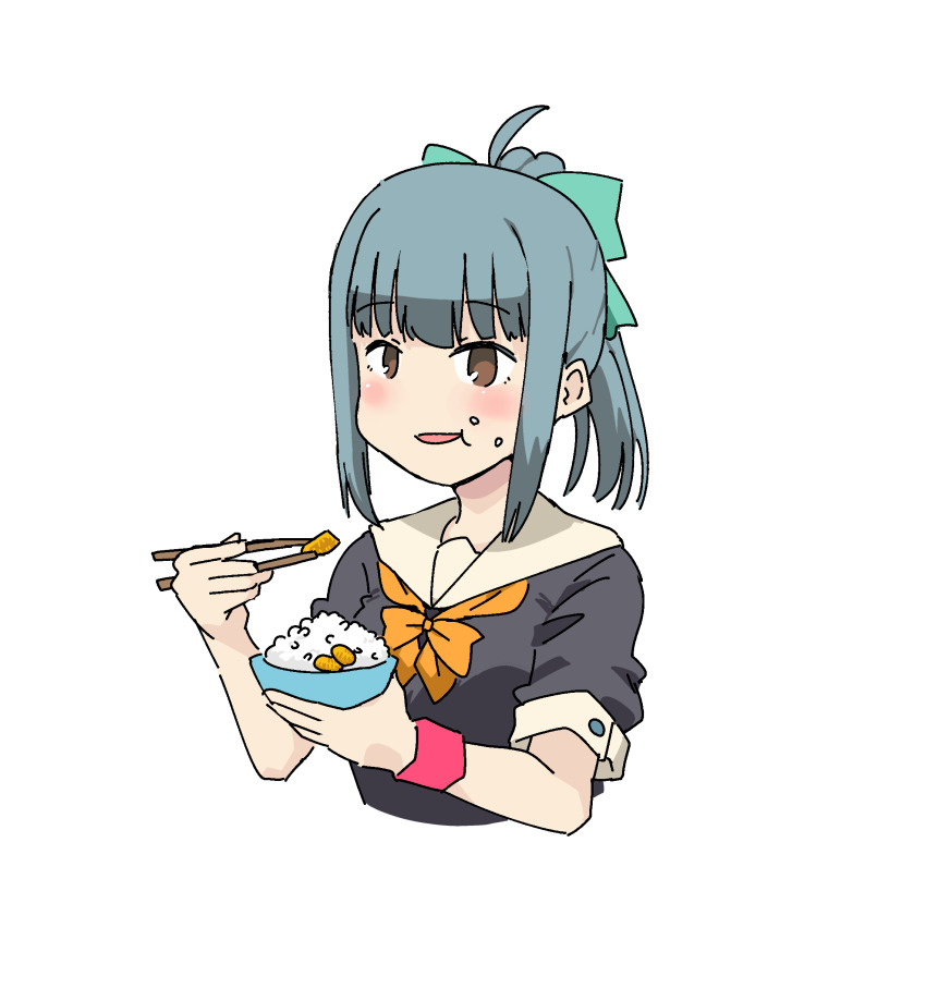 1girl absurdres bowl chopsticks cropped_torso eating grey_hair grey_shirt highres kantai_collection neckerchief orange_neckerchief ponytail rice rice_bowl rockborder sailor_collar school_uniform serafuku shirt solo upper_body white_sailor_collar wristband yuubari_(kancolle)