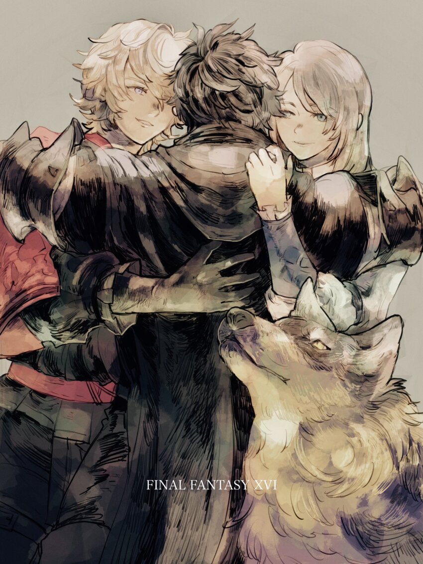 1girl 2boys armor black_cape black_hair blonde_hair cape clive_rosfield copyright_name final_fantasy final_fantasy_xvi grey_hair grey_wolf group_hug highres hug jill_warrick joshua_rosfield looking_at_another multiple_boys smile torgal_(ff16) wolf zerou_pan