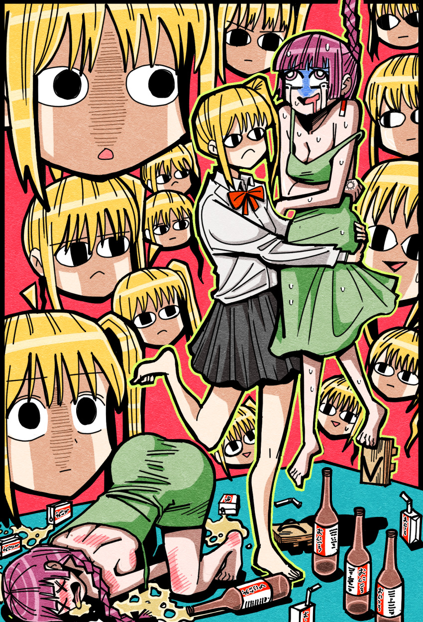 2girls alcohol ass bare_legs black_skirt blonde_hair bocchi_the_rock! braid death dress earrings empty_eyes multiple_expressions green_dress hansoom_(latebirdwakeup) highres hiroi_kikuri ijichi_nijika jewelry multiple_girls purple_hair school_uniform shirt side_ponytail single_braid skirt white_shirt