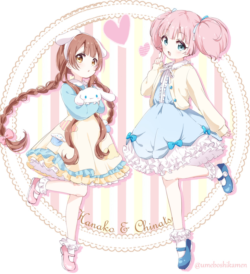 2girls animal_ear_hairband animal_ears aqua_dress aqua_eyes aqua_shirt blue_bow blue_dress blue_footwear blue_ribbon blush border bow braid brown_eyes brown_hair character_doll character_name cinnamoroll collared_dress collared_shirt doll dress fake_animal_ears frilled_dress frilled_shirt_collar frilled_socks frills full_body hair_over_shoulder hair_ribbon hairband hand_on_own_cheek hand_on_own_face heart highres holding holding_doll in_pocket index_finger_raised jacket layered_dress leg_up long_hair mary_janes mearian multiple_girls neck_ribbon oomuro-ke oomuro_hanako outside_border parted_lips patchwork_clothes pink_hair pink_shoes ribbon round_border sanrio shirt shoes socks standing striped_background twin_braids twintails twitter_username white_dress white_hairband white_ribbon white_socks yellow_dress yellow_jacket yoshikawa_chinatsu yuruyuri