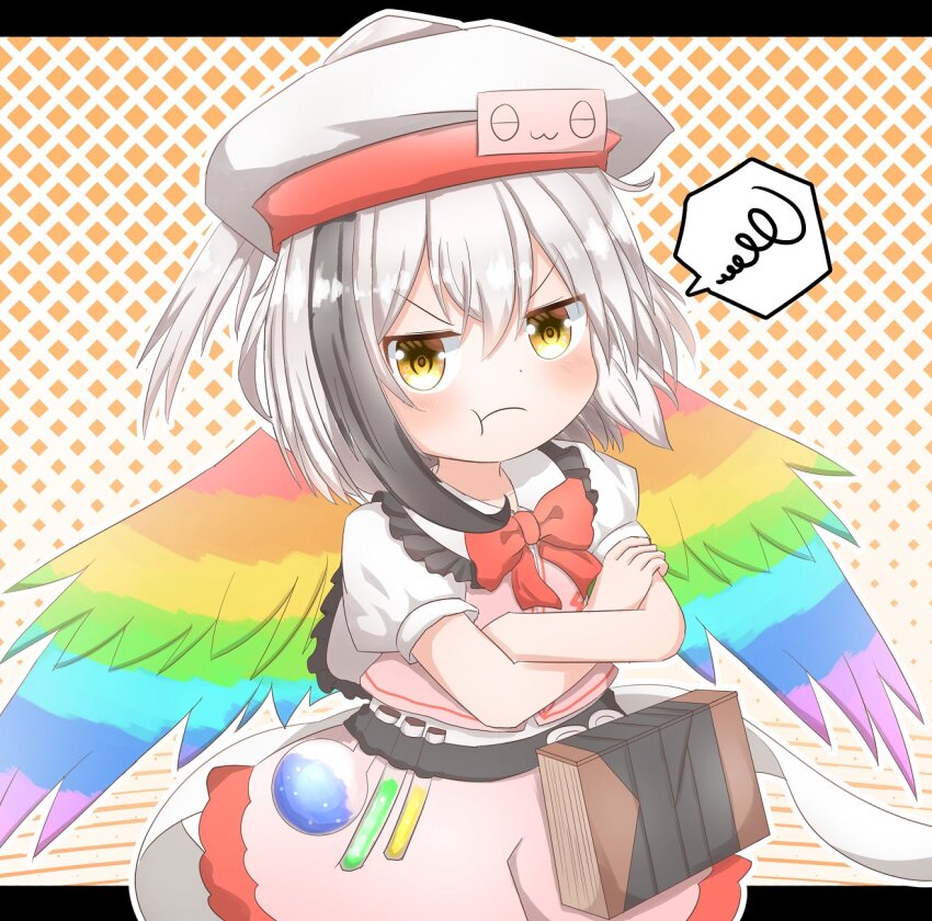 1girl belt black_hair book collared_dress coruthi dress feathered_wings hat highres hollow_song_of_birds long_hair multicolored_hair neck_ribbon rainbow_wings ribbon solo torisumi_horou touhou two-tone_hair very_long_hair white_hair wings yellow_eyes