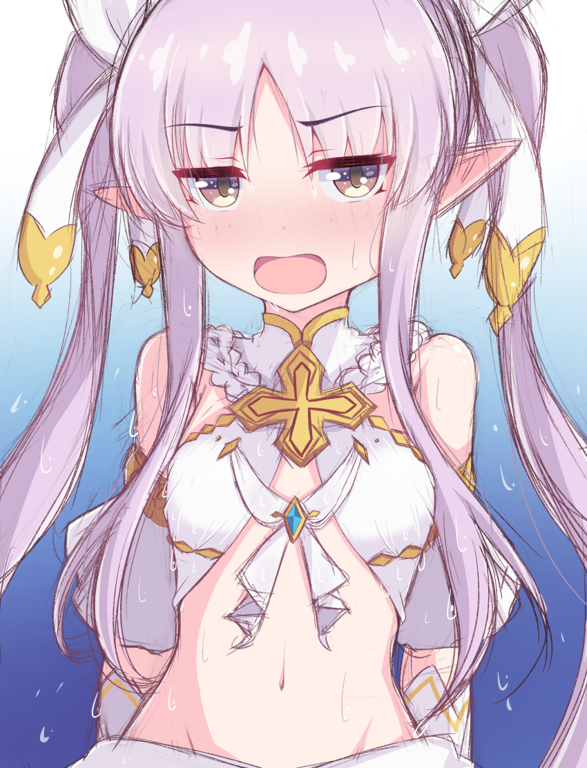 1girl absurdres bare_shoulders blue_background blush breasts commentary_request cosplay cross dancer detached_sleeves elf embarrassed gradient_background halterneck highres kuroha_koudai kyoka_(princess_connect!) long_hair looking_at_viewer navel open_mouth pointy_ears princess_connect! purple_hair small_breasts solo stomach twintails upper_body very_long_hair yellow_eyes yui_(ceremonial)_(princess_connect!) yui_(princess_connect!) yui_(princess_connect!)_(cosplay)