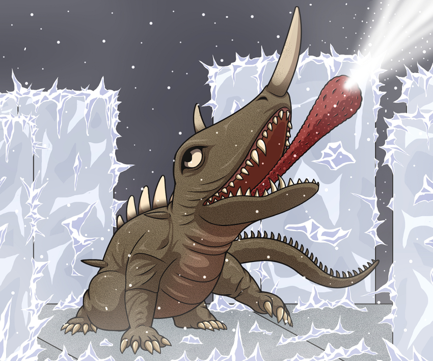 all_fours barugon breath_weapon breathing_ice building chibi city daiei_motion_picture frozen gamera_(series) gamera_vs._barugon horns ice kaiju kano-0724 lizard long_tail long_tongue monster nasal_horn night no_humans open_mouth sharp_teeth skyscraper snow spikes tail teeth tongue tongue_out very_long_tongue