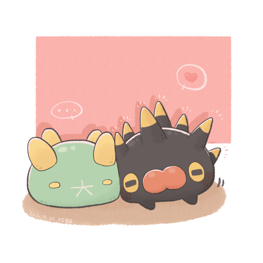 ... alternate_color animal_focus border dated drop_shadow full_body gen_7_pokemon gen_8_pokemon heart karin_(100100) nintendo no_humans pincurchin pink_background pokemon pokemon_(creature) pyukumuku rectangular_pupils shiny_pokemon signature speech_bubble spoken_ellipsis spoken_heart white_border yellow_eyes