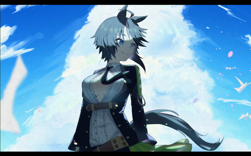 1girl ahoge akared animal_ears arms_at_sides asymmetrical_hair bird black_hair black_necktie blue_eyes blue_sky breasts center_frills center_opening closed_mouth cloud collared_shirt day ear_ornament falling_petals frilled_shirt frills fuji_kiseki_(umamusume) highres horse_ears horse_girl horse_tail jacket jewelry long_hair long_sleeves looking_to_the_side medium_breasts necktie no_bra open_clothes open_jacket outdoors petals shirt sky smile tail umamusume upper_body wind wing_collar