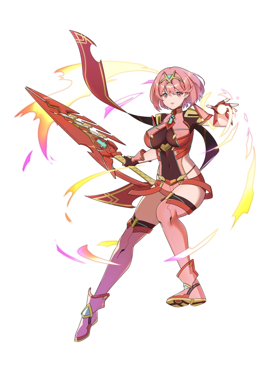 1girl aegis_sword_(xenoblade) breasts chest_jewel core_crystal_(xenoblade) hehe_jun highres large_breasts pyra_(xenoblade) red_hair red_shorts shorts solo swept_bangs tiara weapon xenoblade_chronicles_(series) xenoblade_chronicles_2