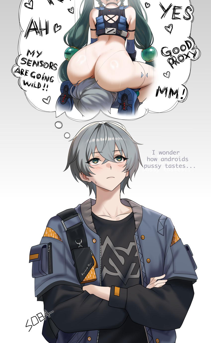 1boy 1girl absurdres artist_name ass black_choker blush braid choker crossed_arms english_text green_eyes green_hair grey_hair heart highres huge_ass imagining jacket joints midriff qingyi_(zenless_zone_zero) robot robot_girl robot_joints shoes simple_background sitting sitting_on_face sitting_on_person sneakers soba11 speech_bubble thought_bubble twin_braids twintails wise_(zenless_zone_zero) zenless_zone_zero