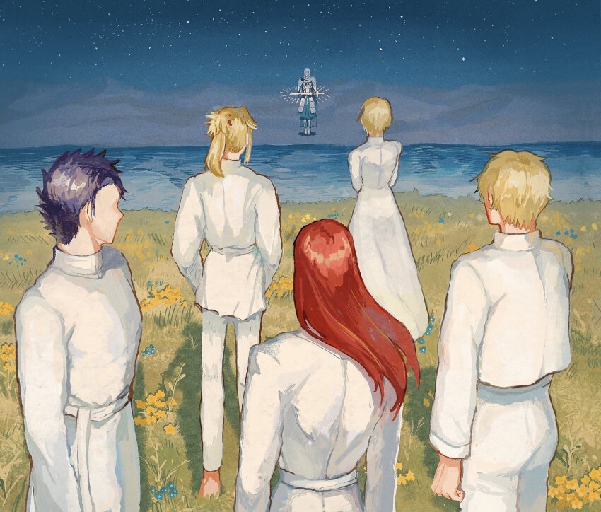 2girls 31tamagokake580 4boys armor armored_boots barefoot bedivere_(fate) blonde_hair blue_flower boots brother_and_sister cape dress excalibur_(fate/stay_night) faceless faceless_male facing_away facing_viewer fate/grand_order fate_(series) faulds flower from_behind gareth_(fate) gawain_(fate) glowing glowing_sword glowing_weapon grass green_robe highres holding holding_sword holding_weapon knights_of_the_round_table_(fate) lancelot_(fate/grand_order) long_hair long_sleeves looking_at_another mordred_(fate) mordred_(fate/apocrypha) multiple_boys multiple_girls pants ponytail profile purple_hair red_hair river robe sand shirt short_hair siblings sisters sky standing star_(sky) starry_sky sword tristan_(fate) tunic weapon white_cape white_dress white_hair white_pants white_shirt white_tunic yellow_flower