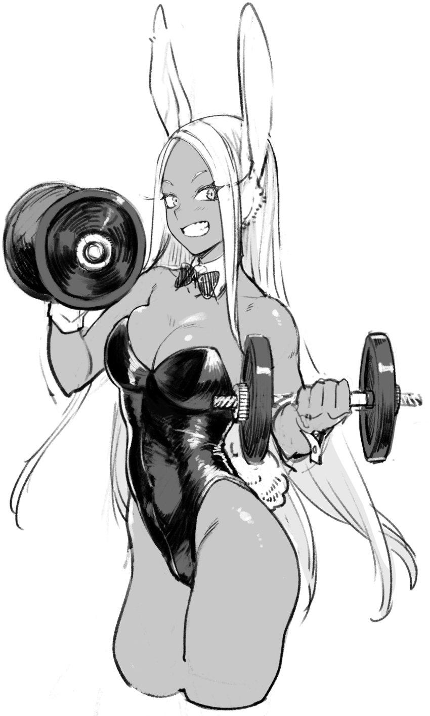 1girl animal_ears bare_shoulders boku_no_hero_academia bow bowtie commentary_request cowboy_shot dark-skinned_female dark_skin detached_collar dumbbell fake_animal_ears greyscale highres holding leotard long_hair looking_at_viewer mirko monochrome playboy_bunny prime_(prime_tw) rabbit_ears rabbit_girl rabbit_tail sleeveless solo strapless strapless_leotard tail teeth very_long_hair weights wrist_cuffs