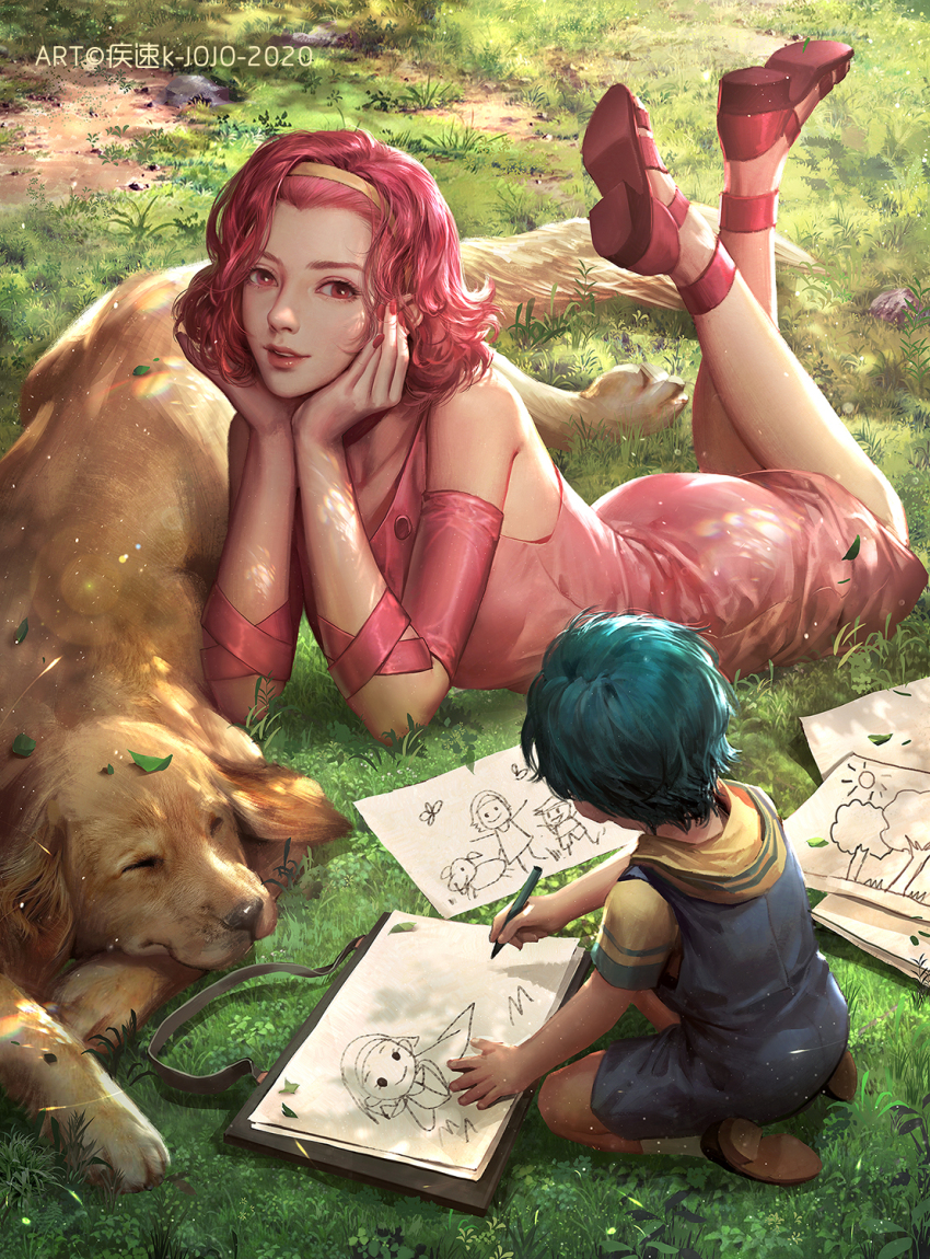 1boy 1girl 2020 aged_down animal ankle_socks arm_ribbon arnold_(jojo) artist_name bare_shoulders blue_overalls brown_footwear child child&#039;s_drawing closed_eyes closed_mouth colored_pencil commentary_request dappled_sunlight day detached_sleeves diamond_wa_kudakenai dog drawing_(action) drawing_(object) dress gold_hairband grass green_hair hairband hands_on_own_chin highres holding holding_pencil hood hoodie jojo_no_kimyou_na_bouken kdash kishibe_rohan kneeling labrador_retriever leaf leaf_on_head lens_flare looking_at_viewer lying medium_hair nail_polish on_stomach outdoors overalls paper parted_lips pencil pink_dress pink_eyes pink_nails pink_ribbon pink_sandals pink_sleeves ribbon rock sandals shoes short_sleeves sketchbook sleeping sleeping_animal sleeveless sleeveless_dress smile socks sugimoto_reimi sunlight teeth upper_teeth_only white_socks yellow_hoodie