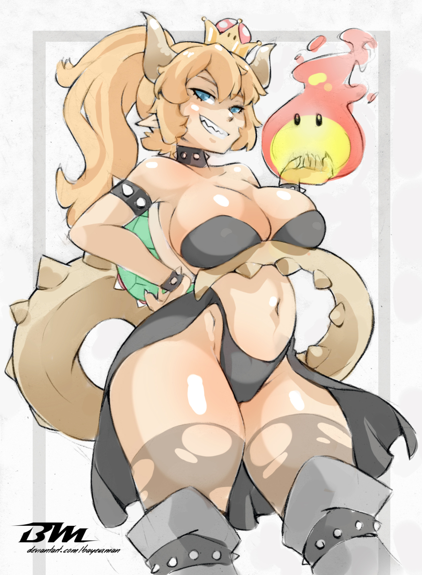 1girl armlet bare_shoulders bayeuxman bikini black_bikini blonde_hair blue_eyes bowsette breast_lift breasts collar crown dark-skinned_female dark_skin fire grey_background grey_thighhighs grin highres horns jewelry large_breasts looking_at_viewer mario_(series) navel new_super_mario_bros._u_deluxe nintendo pointy_ears ponytail shell simple_background sketch smile solo spiked_armlet spiked_collar spikes standing super_crown swimsuit tail teeth thighhighs torn_clothes torn_thighhighs watermark web_address