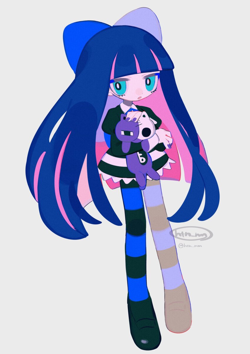 1girl blue_eyes blue_hair blunt_bangs blunt_ends bow colored_inner_hair commentary_request dress full_body hair_bow highres holding holding_stuffed_toy honekoneko_(psg) htn_nm juliet_sleeves long_hair long_sleeves looking_to_the_side multicolored_hair open_mouth panty_&amp;_stocking_with_garterbelt pantyhose pink_hair puffy_sleeves solo stocking_(psg) streaked_hair striped_clothes striped_pantyhose stuffed_animal stuffed_cat stuffed_toy very_long_hair