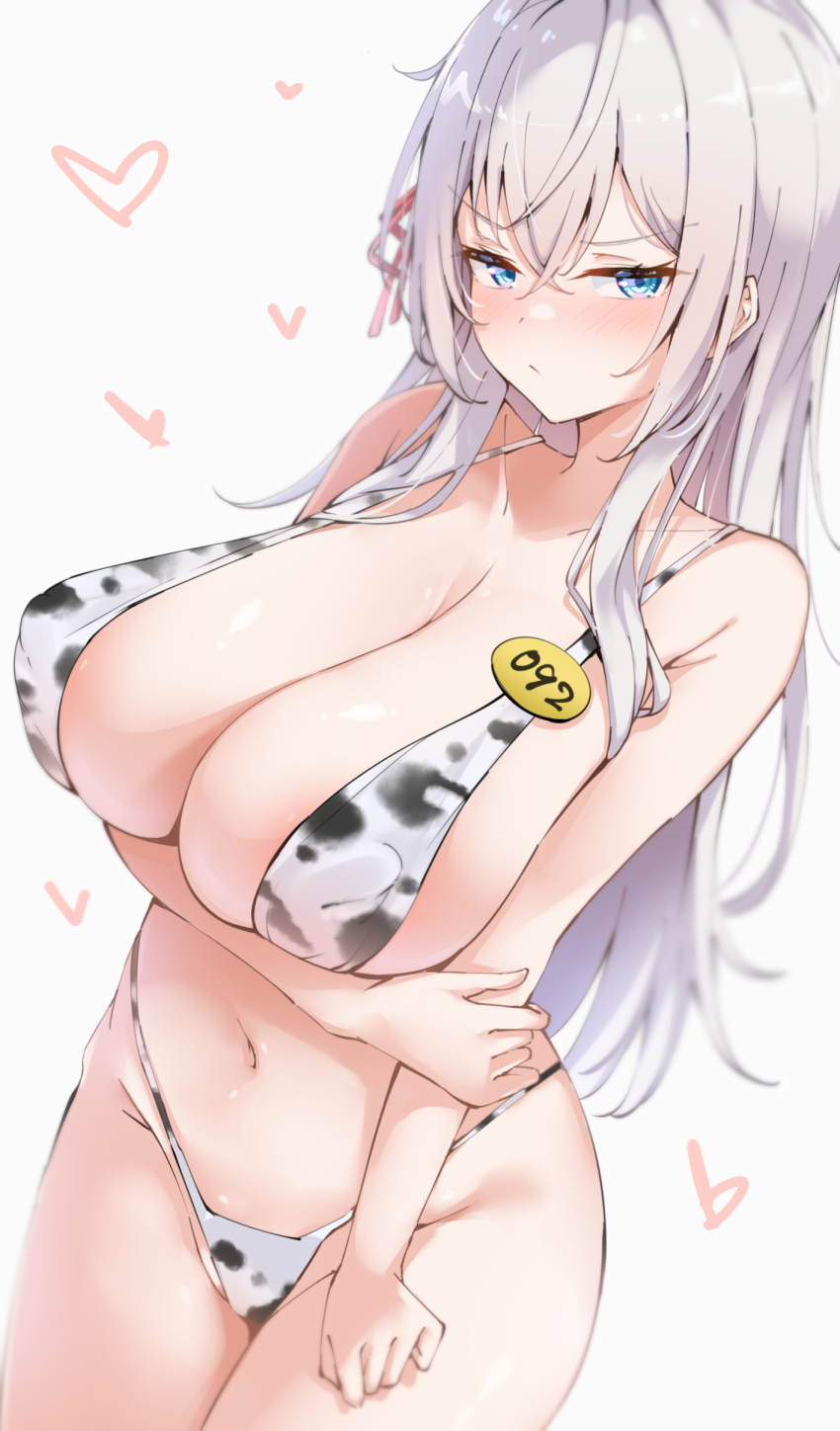 1girl absurdres alisa_mikhailovna_kujou animal_print arm_under_breasts bikini blush breasts commentary_request covered_erect_nipples cow_print cow_print_bikini cowboy_shot curvy grey_hair hair_between_eyes highres holding_own_arm huge_breasts long_hair looking_at_viewer navel print_bikini simple_background solo swimsuit thick_thighs thighs tokidoki_bosotto_roshia-go_de_dereru_tonari_no_alya-san white_background xlyami