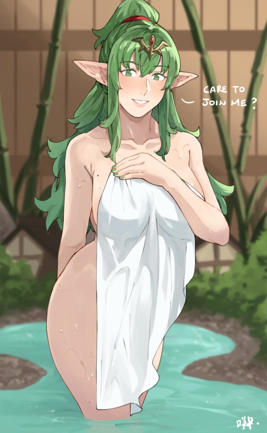 1girl bamboo bath blush breasts commentary covering_privates english_commentary english_text fingernails fire_emblem fire_emblem_awakening green_eyes green_hair green_nails hair_between_eyes hair_ornament highres jewelry large_breasts lips long_hair looking_at_viewer mole mole_on_breast nintendo nude_cover onsen partially_submerged pink_lips pointy_ears ponytail sakuremi seductive_smile sidelocks signature smile solo tiki_(adult)_(fire_emblem) tiki_(fire_emblem) towel water wet