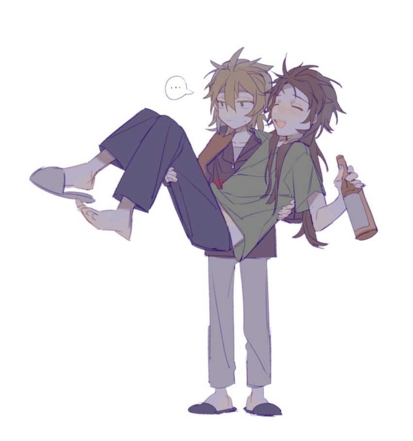 ... 2boys black_jacket black_pants black_slippers blush bottle brown_hair chinese_commentary closed_eyes closed_mouth colored_eyelashes commentary_request drunk green_eyes green_shirt grey_pants grey_shirt grey_slippers hair_between_eyes harada_minoru highres holding holding_bottle isoi_reiji jacket long_hair long_sleeves male_focus multiple_boys open_mouth pants saibou_shinkyoku sanpaku shirt short_hair short_sleeves simple_background single_slipper slippers smile speech_bubble spoken_ellipsis sweat t-shirt tokiki_(lsqmsukiki) white_background zipper_pull_tab