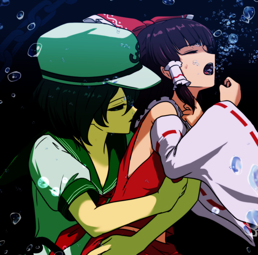 2girls absurdres asphyxiation bubble catfight hakurei_reimu highres monadmandara multiple_girls murasa_minamitsu ocean ryona tagme touhou underwater water