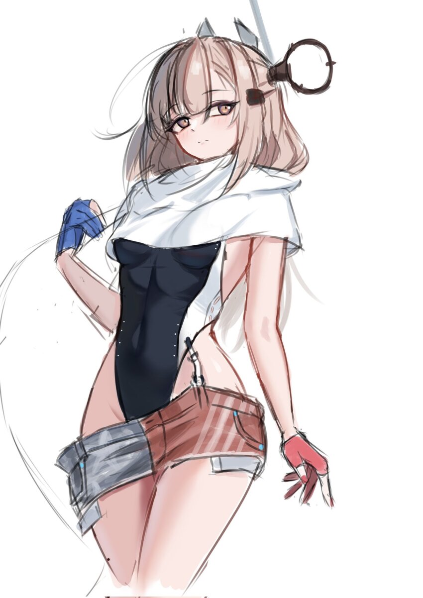 1girl american_flag american_flag_print american_flag_skirt asymmetrical_gloves black_one-piece_swimsuit blue_gloves brown_eyes brown_hair cowboy_shot dimos_(dawn_1945) flag_print garter_straps gloves headgear highleg highleg_one-piece_swimsuit highres kantai_collection long_hair miniskirt mismatched_gloves one-piece_swimsuit partially_fingerless_gloves print_skirt red_gloves scarf simple_background single_garter_strap skirt solo swimsuit two-tone_one-piece_swimsuit wahoo_(kancolle) white_background white_scarf