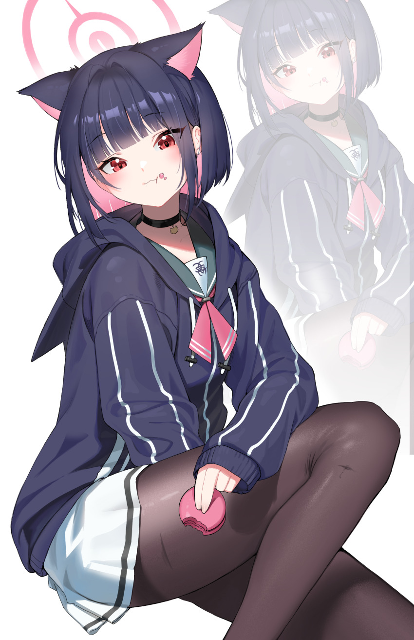 1girl :3 :t absurdres animal_ears black_hair black_hoodie black_pantyhose blue_archive blunt_bangs blunt_ends blush bob_cut cat_ears cat_girl closed_mouth colored_inner_animal_ears colored_inner_hair commentary_request eating extra_ears eyelashes eyes_visible_through_hair feet_out_of_frame fine_fabric_emphasis food green_sailor_collar guamon halo highres holding holding_food hood hood_down hoodie kazusa_(blue_archive) looking_at_viewer macaron miniskirt multicolored_hair neckerchief pantyhose pink_hair pink_halo pink_neckerchief pleated_skirt red_eyes sailor_collar school_uniform serafuku short_hair simple_background sitting skirt sleeves_past_wrists smile solo thighs tsurime white_background white_skirt zoom_layer