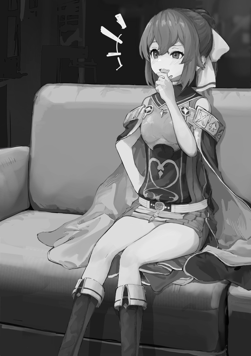 1girl :d absurdres armor bare_shoulders boots breastplate cape commentary_request couch delthea_(fire_emblem) fang feet_out_of_frame fire_emblem fire_emblem_echoes:_shadows_of_valentia hair_between_eyes hair_ribbon hand_on_own_chin hand_on_own_hip highres knee_boots long_hair looking_ahead nintendo open_mouth ponytail ribbon sidelocks sitting skin_fang smile solo yomogi_(mayonaka_030)