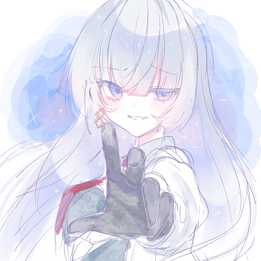 1girl arcaea black_gloves black_pantyhose bow collared_shirt earrings evil_smile gloves hair_between_eyes half-closed_eye highres insight_(arcaea) jewelry long_sleeves necktie neko_tokage419 pantyhose portrait purple_eyes reaching reaching_towards_viewer red_necktie shirt sketch smile solo white_hair white_shirt