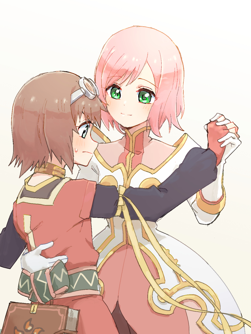2girls arm_around_waist armor armored_dress asymmetrical_bangs azuma_yukihiko blush brown_hair closed_mouth dancing dress estellise_sidos_heurassein goggles goggles_on_head green_eyes highres holding_hands looking_at_another multiple_girls parted_bangs pink_hair rita_mordio short_hair simple_background smile standing sweat tales_of_(series) tales_of_vesperia white_background white_dress yuri