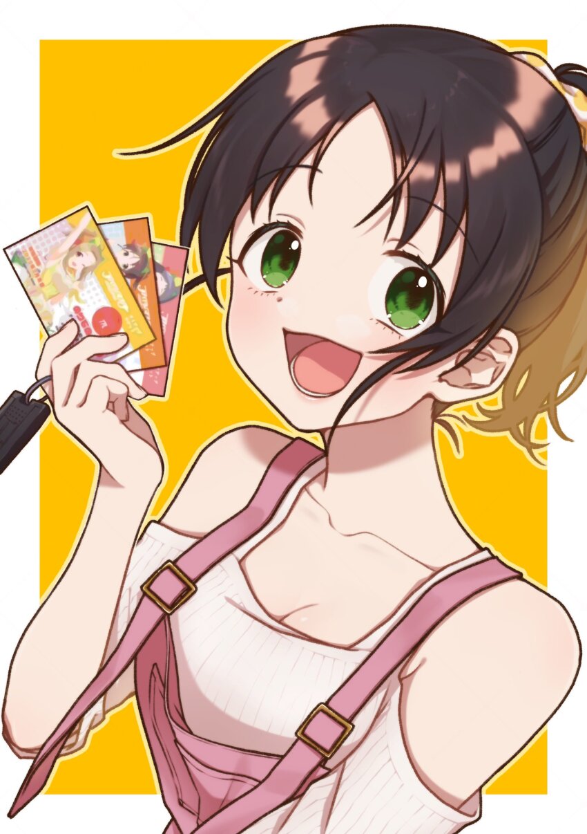 absurdres bare_shoulders black_hair border car_keys derivative_work green_eyes harada_miyo highres holding holding_ticket idolmaster idolmaster_cinderella_girls idolmaster_cinderella_girls_starlight_stage manabe_itsuki ohnuma_kurumi overalls pink_overalls polka_dot polka_dot_scrunchie ponytail scrunchie short_hair simple_background smile solo_focus sweater taidanotori ticket white_border white_sweater yellow_background