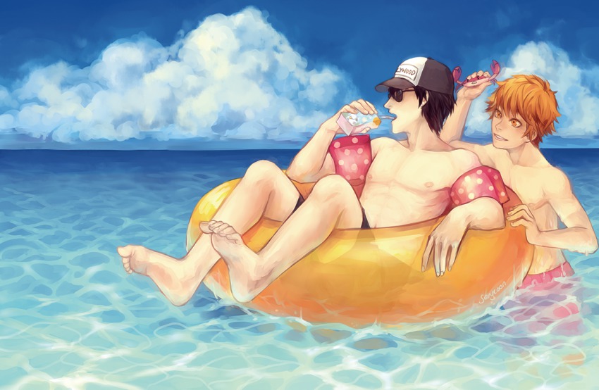 10s 2boys artist_name bad_link black_hair black_male_swimwear black_swim_trunks blue_sky cloud crab day haikyuu!! hat hinata_shouyou inflatable_armbands innertube juice_box kageyama_tobio male_focus male_swimwear multiple_boys ocean orange_eyes orange_hair partially_submerged polka_dot red_male_swimwear red_swim_trunks sangcoon signature sky sunglasses swim_ring swim_trunks swimsuit