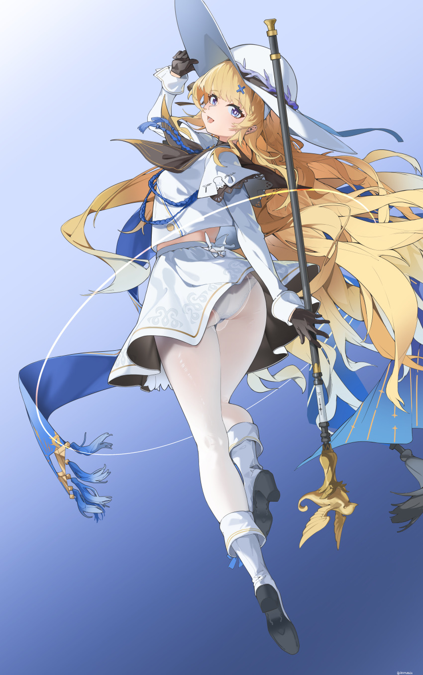 1girl absurdres ass black_collar black_gloves black_neckerchief blonde_hair blue_eyes collar commentary_request from_behind full_body gloves hair_ornament hat highres holding holding_staff hornesix long_hair long_sleeves looking_at_viewer looking_back midriff miniskirt neckerchief open_mouth panties panties_under_pantyhose pantyhose phoebe_(wuthering_waves) shirt skirt smile solo staff underwear very_long_hair white_hat white_panties white_pantyhose white_shirt white_skirt wuthering_waves x_hair_ornament