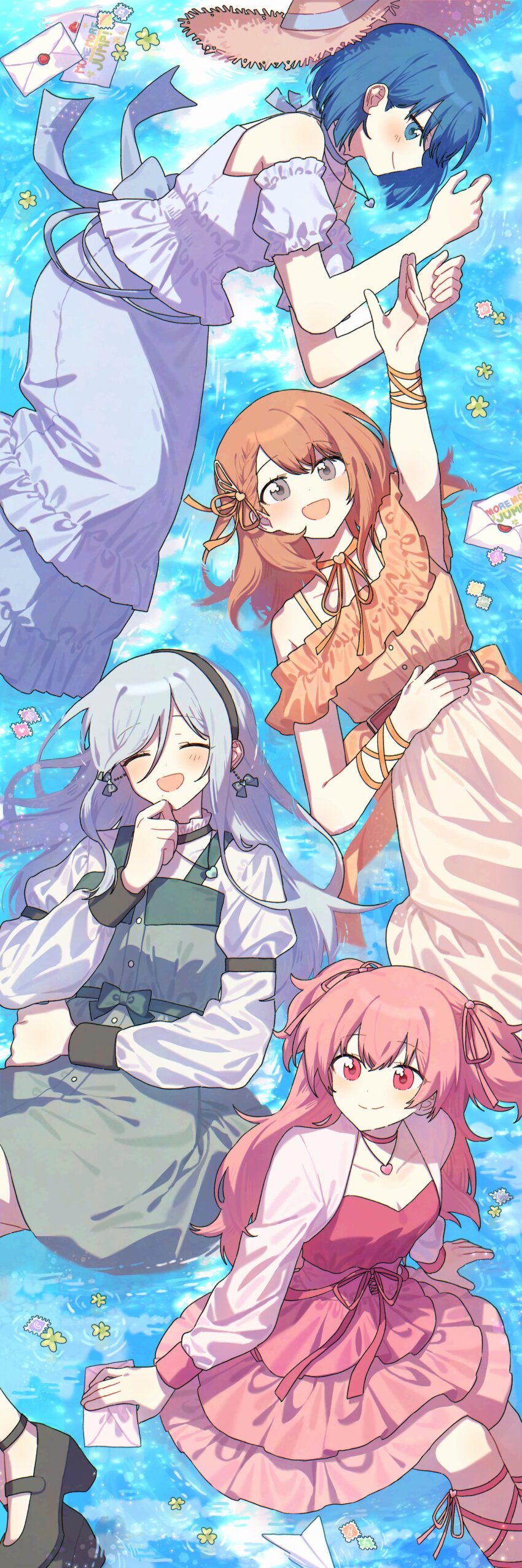 4girls :d ^_^ absurdres black_hairband blue_eyes blue_hair blush brown_eyes closed_eyes cocov commentary_request dress earrings envelope grey_hair hair_ribbon hairband hanasato_minori hat highres hinomori_shizuku holding holding_envelope jewelry kiritani_haruka korean_commentary looking_at_viewer lying_on_water momoi_airi more_more_jump!_(project_sekai) multiple_girls neck_ribbon necklace open_mouth orange_hair orange_ribbon paper_airplane pink_dress pink_hair project_sekai red_eyes ribbon sitting_on_water smile straw_hat water