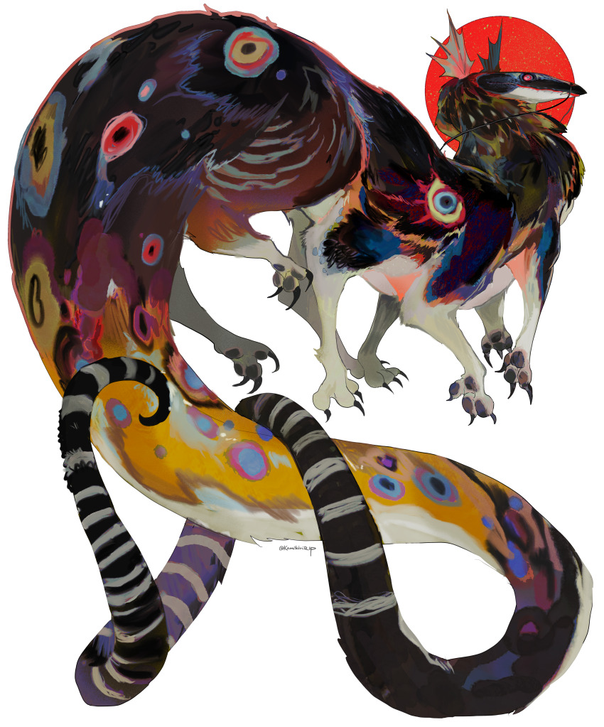 absurdres animal_focus artist_name black_fur black_tail creature creature_focus extra_legs fins fish_head full_body head_fins highres kamikiririp multicolored_fur multicolored_tail no_humans orange_fur original simple_background solo striped_tail tail whiskers white_background yellow_tail
