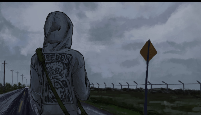 1other atmospheric_perspective bag cloud cloudy_sky cry_of_fear dark_clouds dim_lighting fence from_behind grey_hoodie hand_up hood hood_up hoodie iron_fence power_lines print_hoodie road road_sign scenery shoulder_bag sign simon_henriksson sky solo standing storm trespasser44