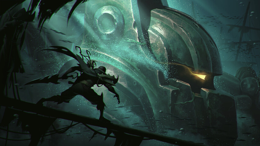 armor bald bubble dark_skin diving_suit fish giant glowing glowing_eyes harpoon holding holding_weapon hook knife league_of_legends nautilus_(league_of_legends) pants pauldrons pyke_(league_of_legends) rafael_de_guzman rope serrated_knife shipwreck shoulder_armor tagme underwater weapon