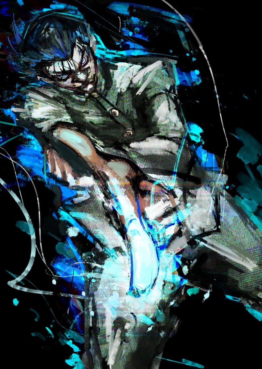 1boy aiming aiming_at_viewer aura black_background black_hair blue_eyes finger_gun gakuran glowing glowing_eyes green_gakuran green_pants hair_slicked_back highres kyezzzz long_sleeves looking_at_viewer male_focus pants powering_up rei_gun sarayashiki_junior_high_school_uniform school_uniform short_hair smile solo urameshi_yusuke v-shaped_eyebrows v-shaped_eyes yuu_yuu_hakusho
