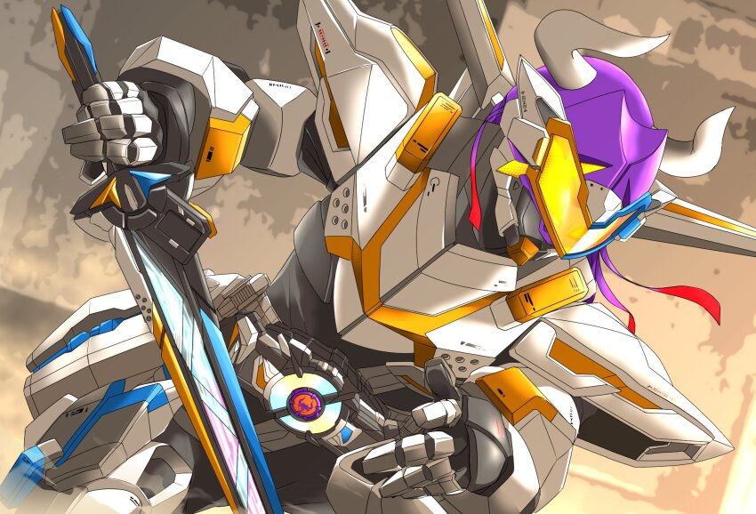 1boy antennae armor black_bodysuit bodysuit buffalo clenched_hands command_buckle commentary desire_driver rider_belt earpiece flying goggles gradient_hair highres holding holding_sword holding_weapon horns kamen_rider kamen_rider_buffa kamen_rider_buffa_command_form:jet_mode kamen_rider_geats_(series) leg_armor long_hair male_focus microphone miyabi_(037) multicolored_hair orange-tinted_eyewear orange_eyes power_armor purple_hair red_hair rider_belt sword tinted_eyewear tokusatsu upper_body visor_(armor) water_buffalo weapon wings