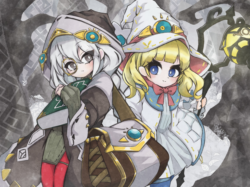 2girls absurdres astellar_of_the_white_forest bag blonde_hair blue_eyes blunt_bangs book coat diabellstar_the_black_witch diabellze_the_original_sinkeeper duel_monster elzette_of_the_white_forest eriya_(erizatta0045) grey_eyes hat highres holding holding_book holding_staff hood lantern medium_hair monocle multiple_girls ribbon shoulder_bag smile staff white_hair witch_hat yu-gi-oh!