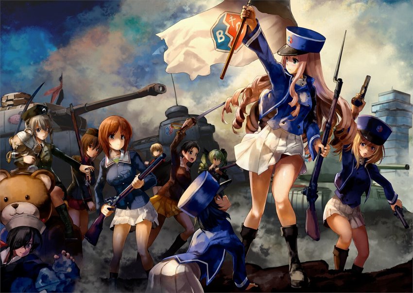 6+girls anchovy_(girls_und_panzer) andou_(girls_und_panzer) anglerfish antique_firearm anzio_military_uniform asymmetrical_bangs bc_freedom_(emblem) bc_freedom_military_uniform black_footwear black_hair black_headwear black_jacket black_neckwear black_skirt blonde_hair blue_eyes blue_headwear blue_jacket blue_vest boko_(girls_und_panzer) boots brown_eyes brown_hair brown_jacket chi-hatan_military_uniform cloud cloudy_sky commentary_request copyright_name darjeeling_(girls_und_panzer) dark-skinned_female dark_skin day dixie_cup_hat drill_hair emblem extra fine_art_parody firearm firelock fish flag flintlock foot_up renault_ft garrison_cap girls_und_panzer girls_und_panzer_saishuushou green_hair green_shirt gun handgun hat holding holding_stuffed_toy holding_weapon jacket japanese_tankery_league_(emblem) katana kepi kiryuu_takahisa kneeling kuromorimine_military_uniform liberty_leading_the_people light_brown_hair long_hair looking_at_another marie_(girls_und_panzer) military military_hat military_vehicle miniskirt motor_vehicle multiple_girls musket necktie nishi_kinuyo nishizumi_maho nishizumi_miho ogin_(girls_und_panzer) ooarai_military_uniform oshida_(girls_und_panzer) outdoors panzer_iv panzer_iv parody pistol pleated_skirt red_skirt revision somua_s35 selection_university_military_uniform shimada_arisu shirt short_hair skirt sky st._gloriana&#039;s_military_uniform standing stuffed_animal stuffed_toy sword tank vest weapon white_headwear white_shirt white_skirt yellow_skirt